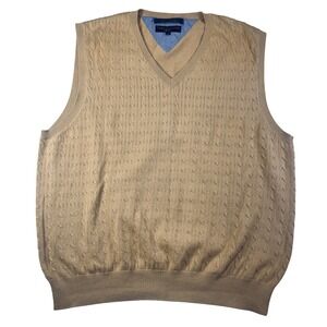 Tommy Hilfiger Sweater Vest Mens L Tan Cable Knit V Neck Logo‎ Golf Preppy